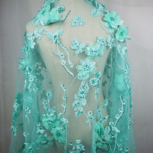 delicate green 3D flowers bridal lace fabric by the yard, 3D embroidered floral embroidery lace fabric for wedding dress, dance costume