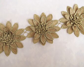 3D gold enbroidered Lace Trim, metallic gold embroidered cord scalloped lace fabric sewing accessories, costume wedding decors