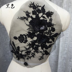 one black 3D lace applique flowers, light rose gold floral Embroidered Bridal Applique for Dance Costumes , Bridal Gown Hem Accessories