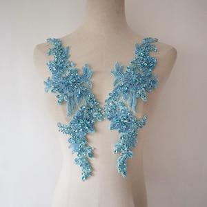 Turquoise blue rhinestone beaded appliques, French shoulder collar bodice appliques handcraft appliques Bridal Sash headpieces Accessories