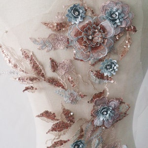 rose gold with blue 3D flowers lace applique, sequins 3D embroidered lace fabric patches for costume dance party haute couture accessories