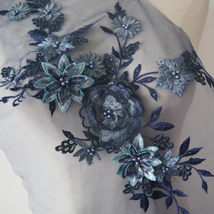 dark blue 3D flower lace applique,navy tulle floral Embroidered Applique for Dance Costumes sports Bridal Gown emblishment