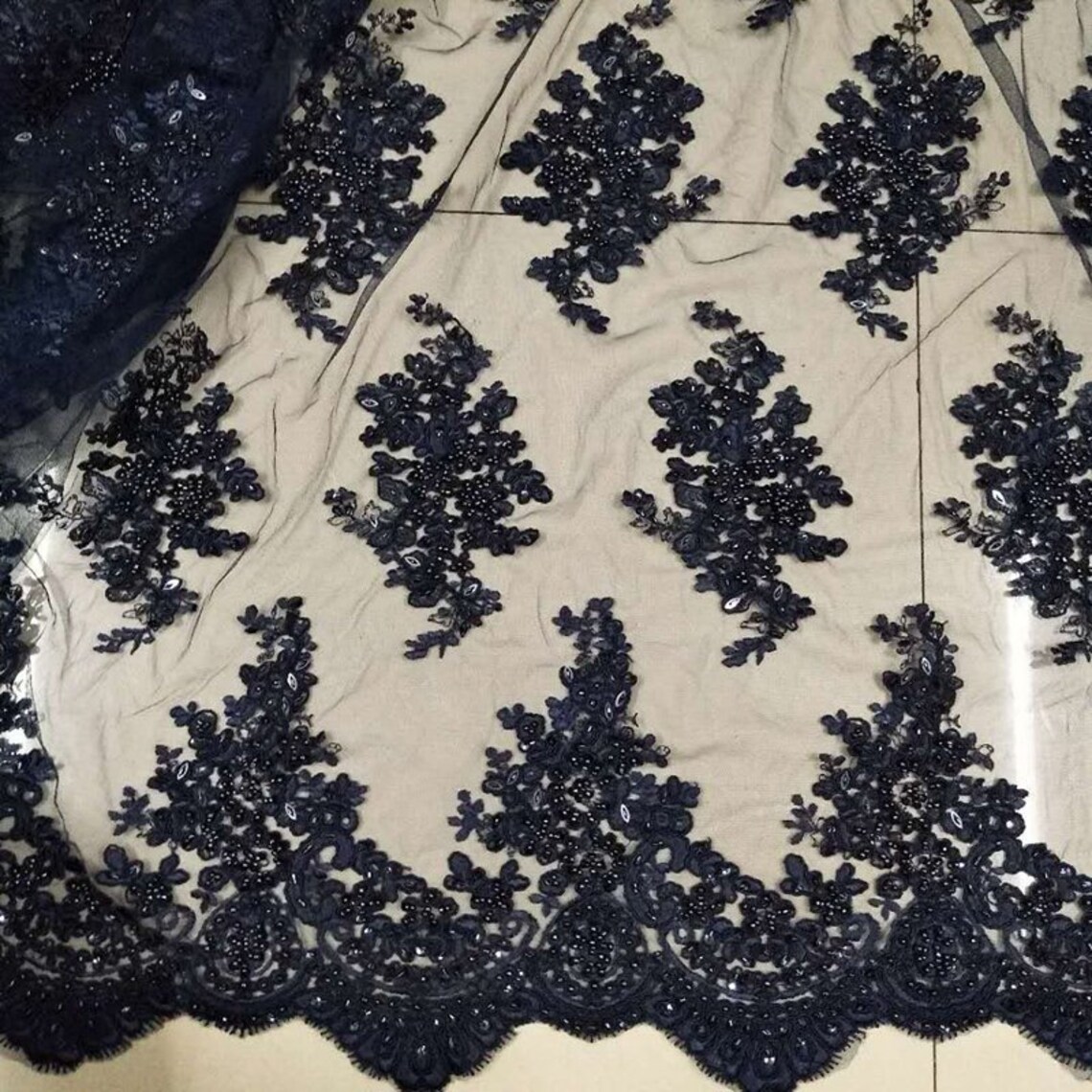 Luxury Navy Blue Heavy Beaded Lace Fabric by the Yard Dark Etsy UK