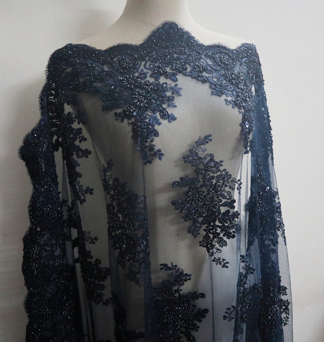 Luxury Dark Blue Heavy Beaded Lace Fabric by the Yard, Navy Bridal Lace ...