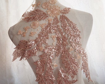 rose gold Beaded sequins Lace Applique, champagne gold big leaf style beading lace fabric for Dance Costumes Bridal Gown Hem Accessories