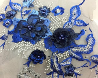 Royal Blue 3D Flowers Lace Applique 3D Floral Embroidered | Etsy