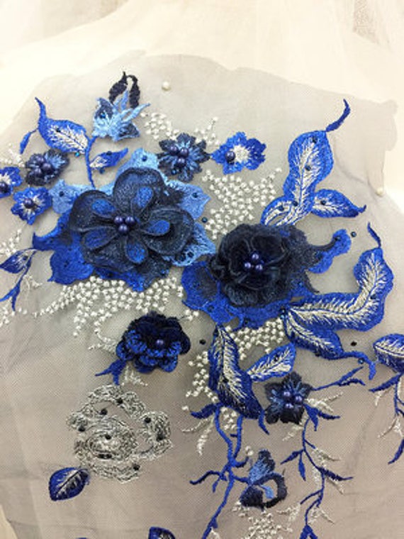 Royal Blue 3D Beaded Flower Lace Applique Wedding Gown Hem Accessories ...