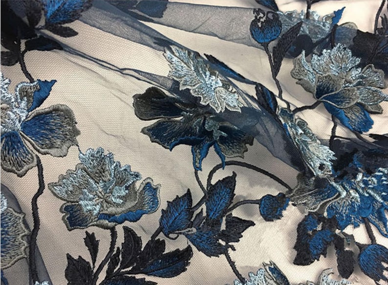 Navy Blue Heavy Embroidered Floral Lace Fabric Dark Blue Etsy UK