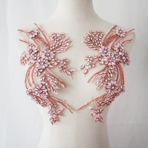 Pink rhinestone appliques, beaded flower shoulder collar bodice applique handcraft Bridal Sash headpieces Accessories