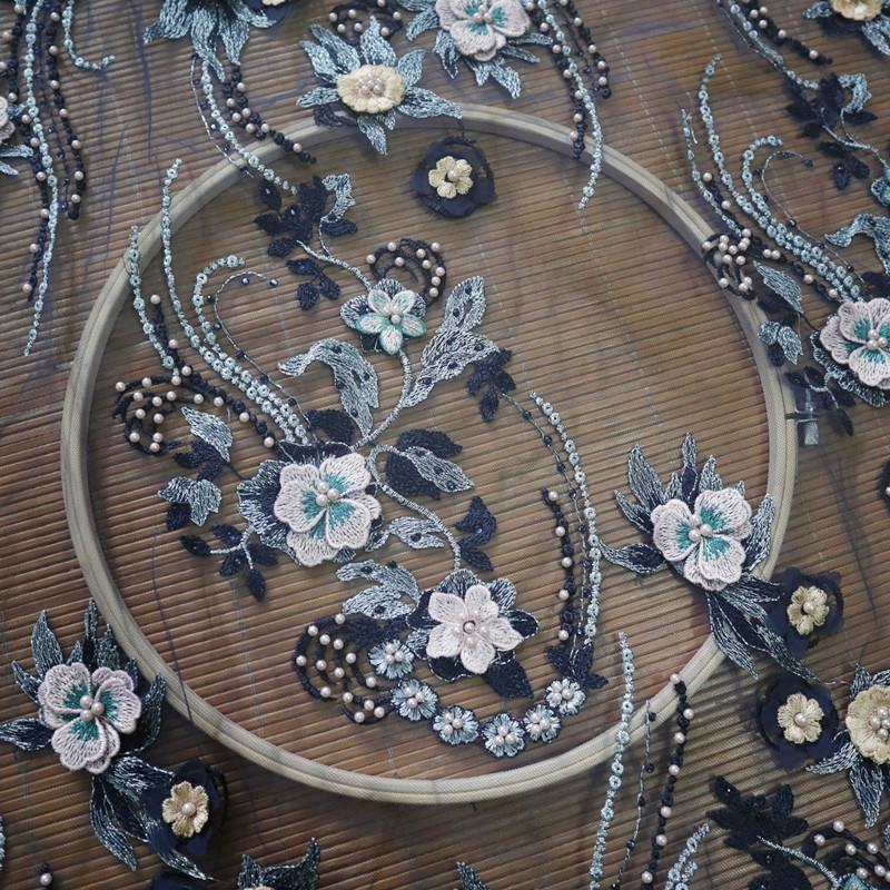 Navy Blue 3D Lace Fabric, Dark Blue Embroidered 3D Flowers Fabric for ...