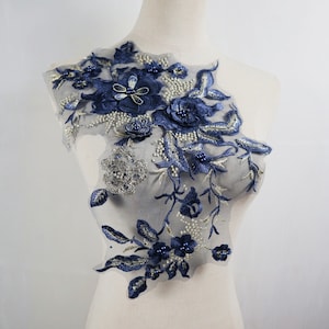 Dark blue Delicate 3D Flower Appliques, Navy Blue Embroidered Beaded Lace Patches for Bridal Gown/Dance Costumes/Flower Girl Dress