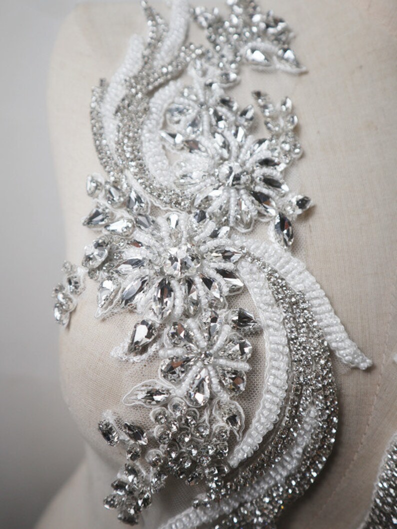White/Silver Rhinestone Hand Beaded Applique BUTA-035 Fabric main image 0