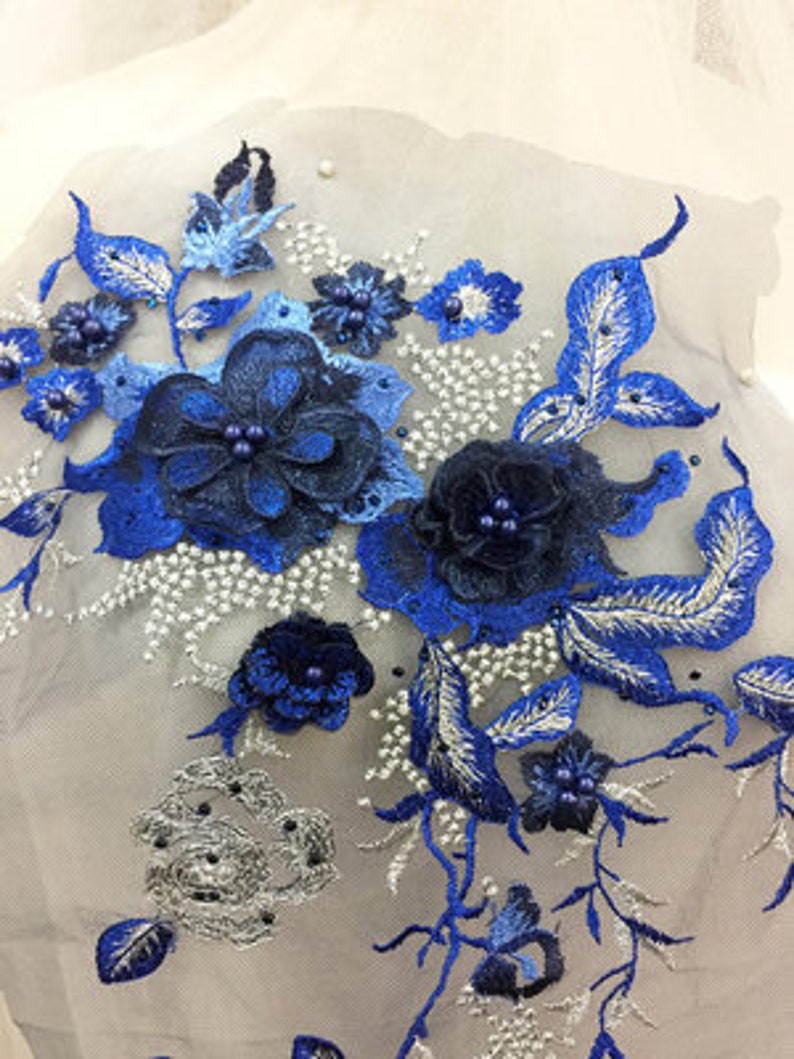 Royal Blue 3D Flowers Lace Applique, 3D Floral Embroidered Bridal ...