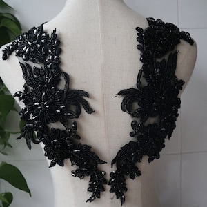 Luxe zwarte strass appliqué, 3D bloemen kralen schouder kraag lijfje applicaties handgemaakte applicaties bruids sjerp hoofddeksels accessoires