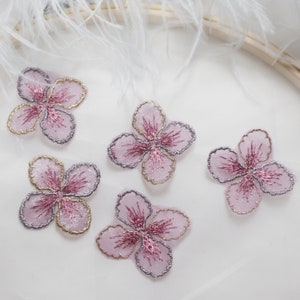 purple fabric flowers, embrlidered lace patches, embroidered lace appliques for headpiece, shoes, dress sash emblishment