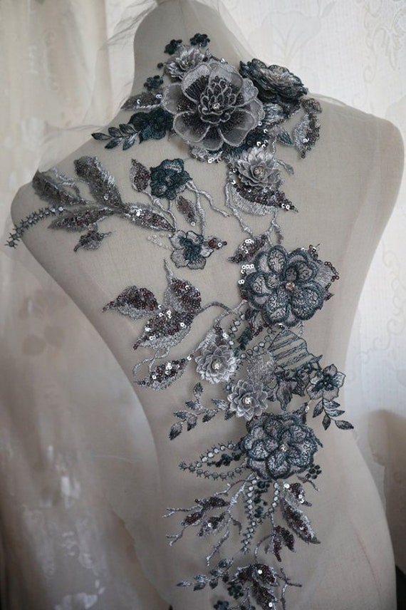 2 colors 3D Blue Pink Feather Pearl Beaded Flower Lace Applique Embellished Lace Patch for wedding dance costumes bridal hair accessories