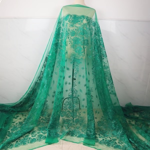 Green lace fabric, tulle embroidered fabric by the yard, bridal lace fabric