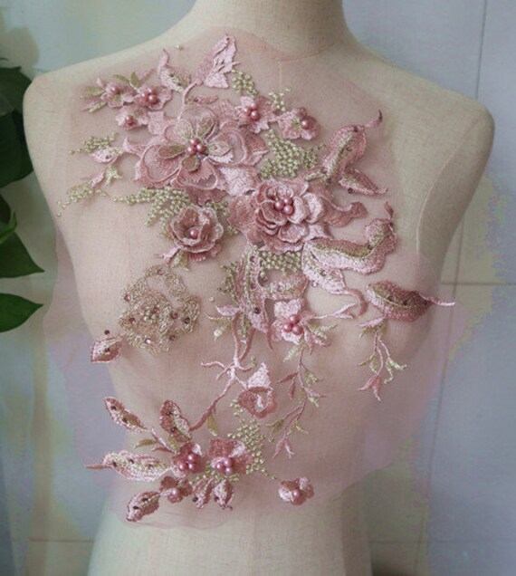 2 colors 3D Blue Pink Feather Pearl Beaded Flower Lace Applique Embellished Lace Patch for wedding dance costumes bridal hair accessories