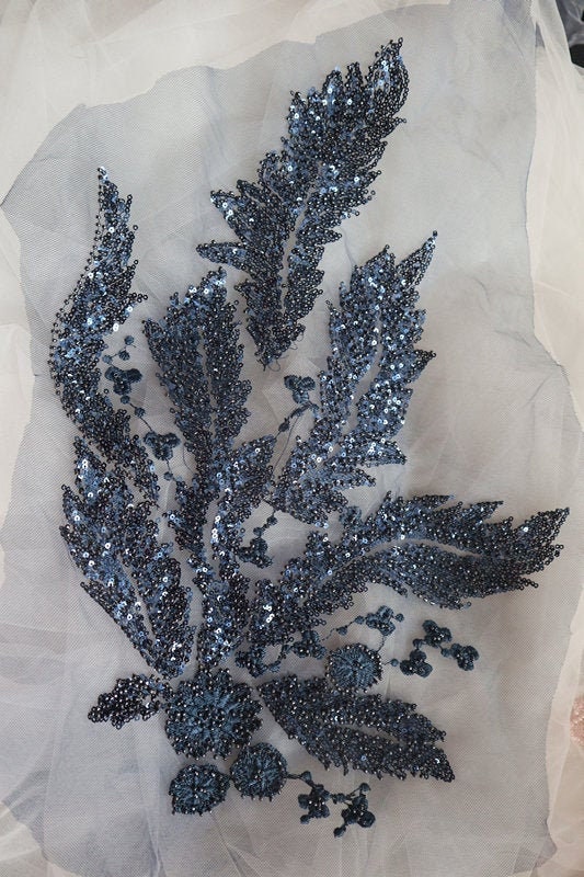 Navy Blue Beaded Sequined Lace Flowers Applique Big Leaf Dark - Etsy