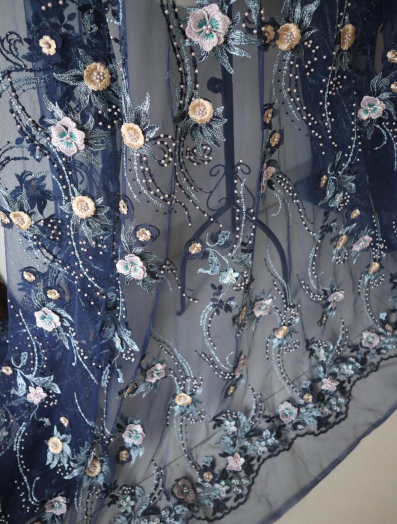 Navy Blue 3D Lace Fabric, Dark Blue Embroidered 3D Flowers Fabric for ...