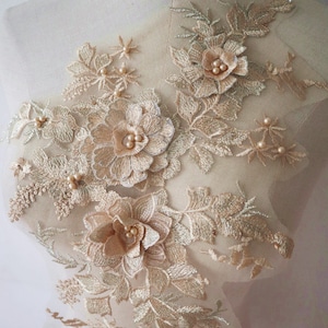 gold 3D lace applique, champagne gold 3D flowers Embroidered Bridal Applique for Dance Costumes , Bridal Gown Hem Accessories