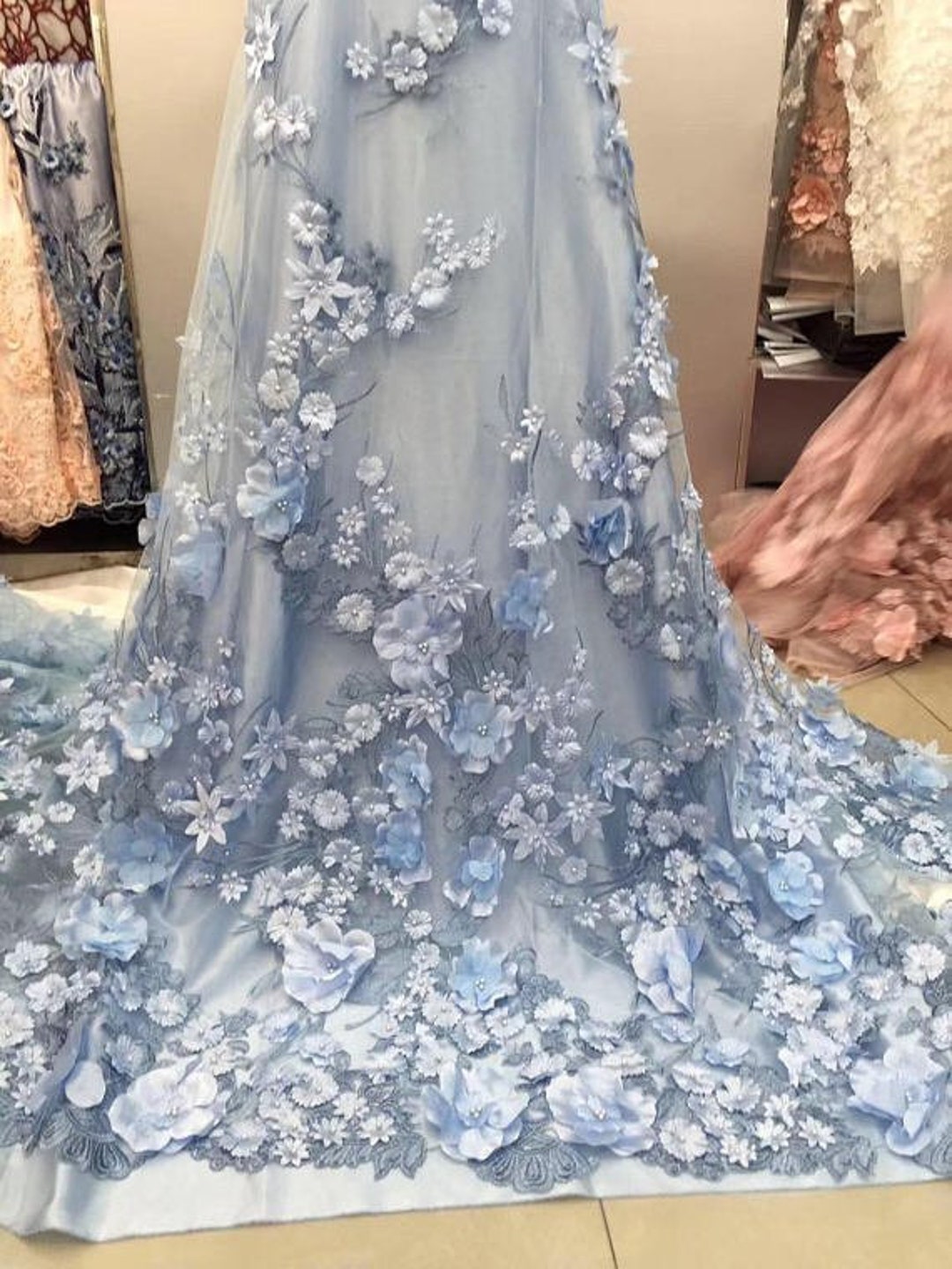 Blue 3D Flowers Lace Fabric by the Yard, 3D Embroidered Floral ...