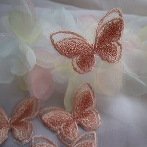 peach pink embroidery ribbon flower butterfly,  gold beaded butterfly motif fabric petal flowers