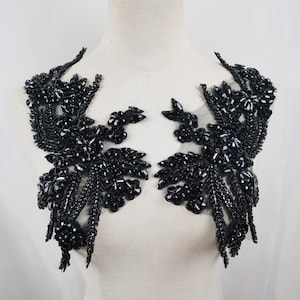 Black rhinestone appliques, beaded flowers shoulder collar bodice appliques handcraft appliques Bridal Sash headpieces Accessories