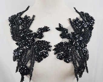 Apliques de strass preto, flores com miçangas, gola de ombro, apliques de corpete, apliques artesanais, faixa de noiva, acessórios de cabeça