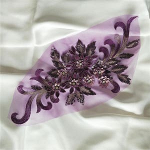 dark purple 3D flower lace applique, 3D floral Beaded Embroidered Bridal Applique for Dance Costumes, Bridal Gown Hem Accessories