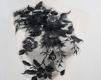Apliques de encaje negro con flores 3D, parches de tela bordados para trajes de novia, bailes y dobladillos de vestidos.