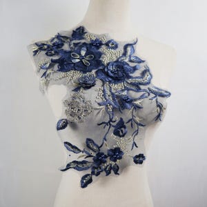 Navy Blue 3D flower lace applique, floral Pearl Beaded Embroidered Bridal Applique for Dance Costumes , Bridal Gown Hem Accessories