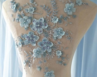 light blue 3D floral Beaded Embroidered Bridal Applique for Costumes Gown Hem Accessories