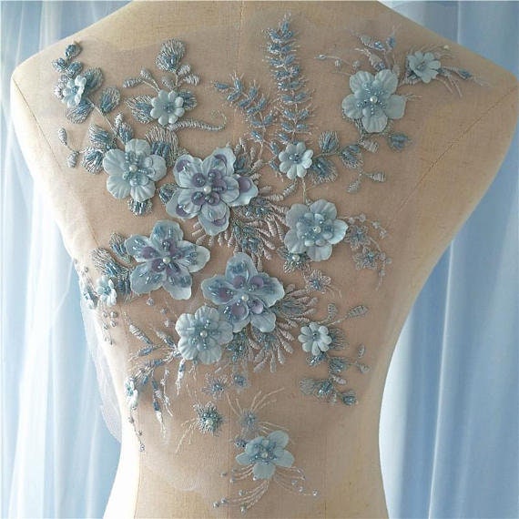 Light Blue 3D Floral Beaded Embroidered Bridal Applique for Costumes Gown  Hem Accessories - Etsy