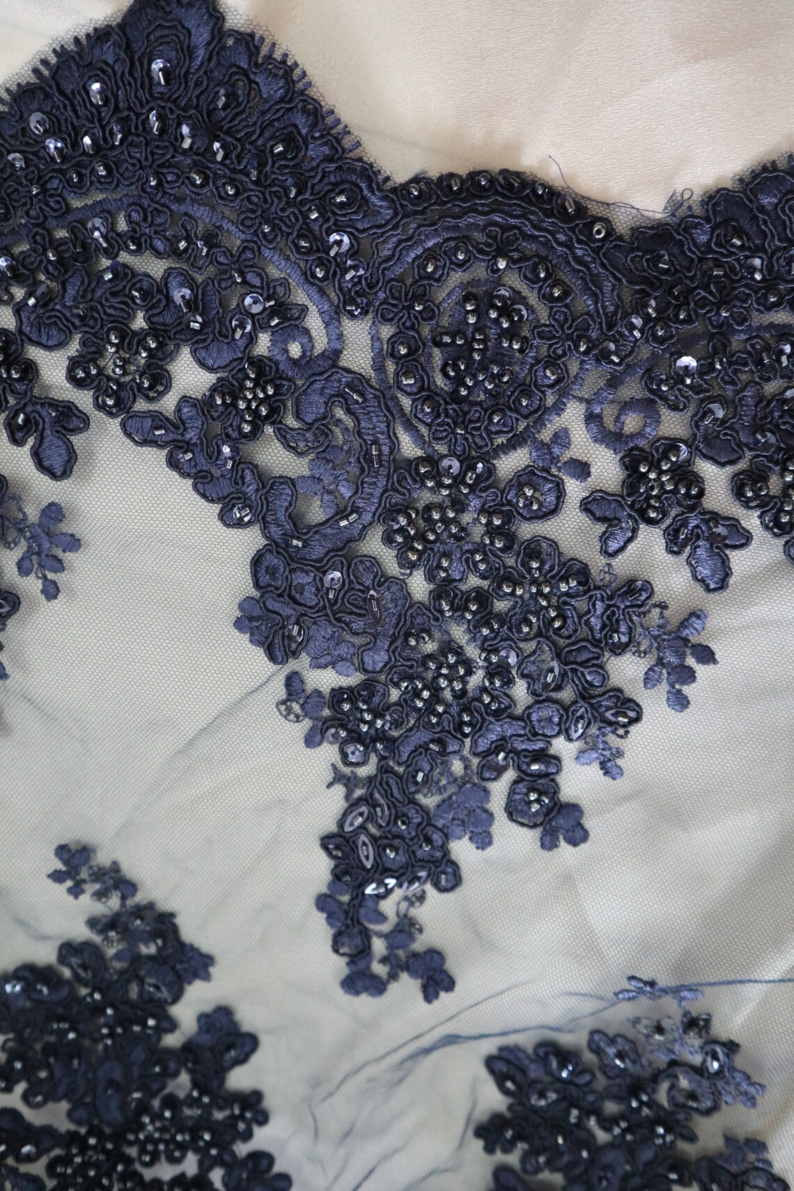 Luxury dark blue heavy beaded Lace fabric by the yard navy Etsy