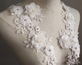 3D flowers lace appliques, 36 cm* 11 cm rose pink beautiful lace appliques for huate couture sewing accessories