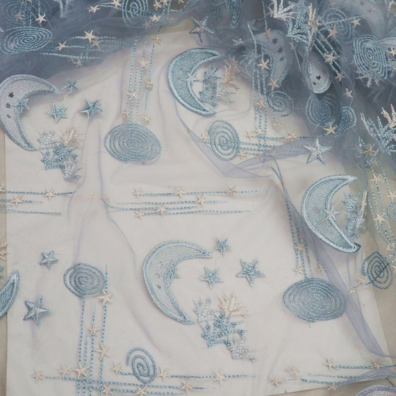 Dusty Blue Lace Fabric by the Yard Light Blue Embroidered Mesh Lace Fabric in Stars Moon Sky Pattern Embroidery Lace Etsy