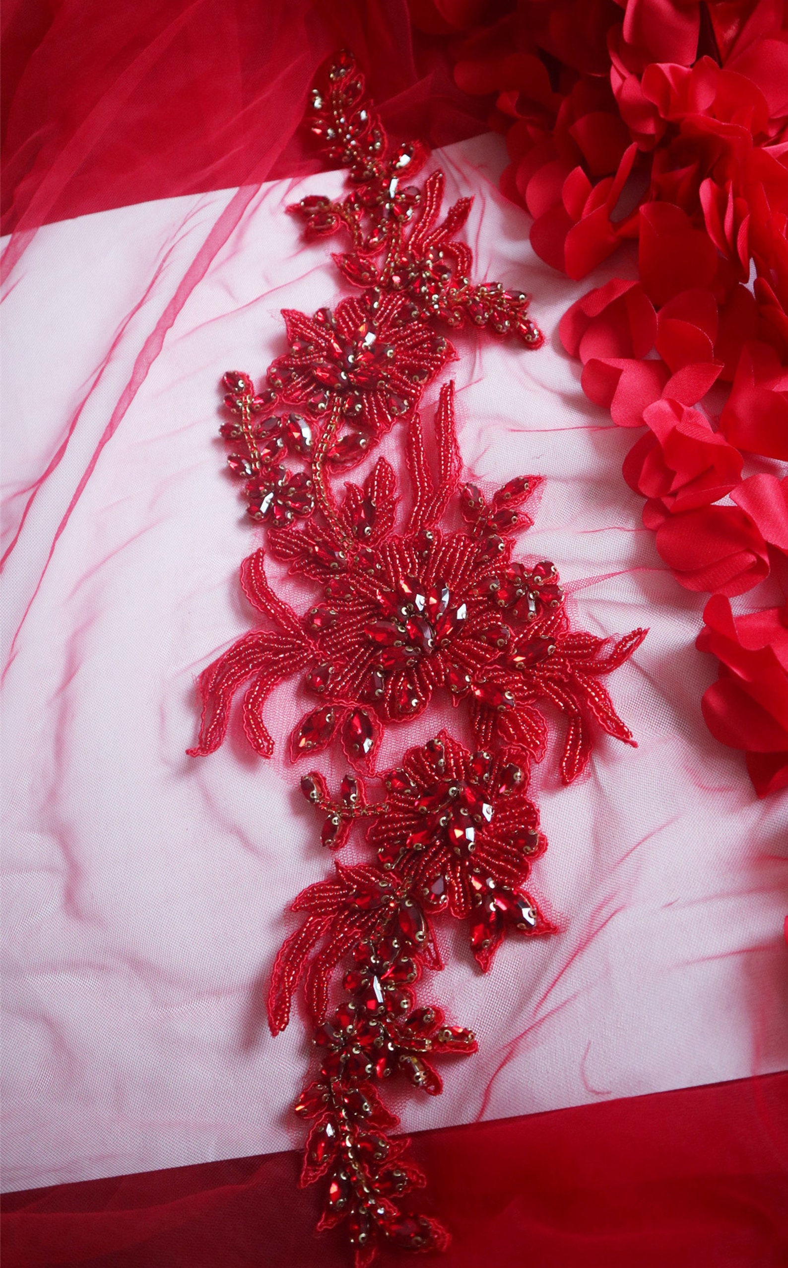 Deluxe Red Rhinestone Applique beaded lace patches shoulder Etsy