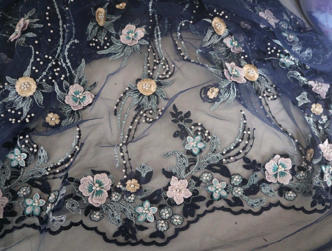 Navy Blue 3D Lace Fabric, Dark Blue Embroidered 3D Flowers Fabric for ...