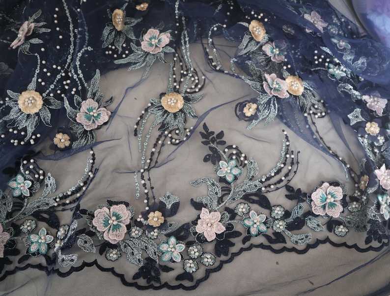 Navy Blue 3D Lace Fabric, Dark Blue Embroidered 3D Flowers Fabric for ...