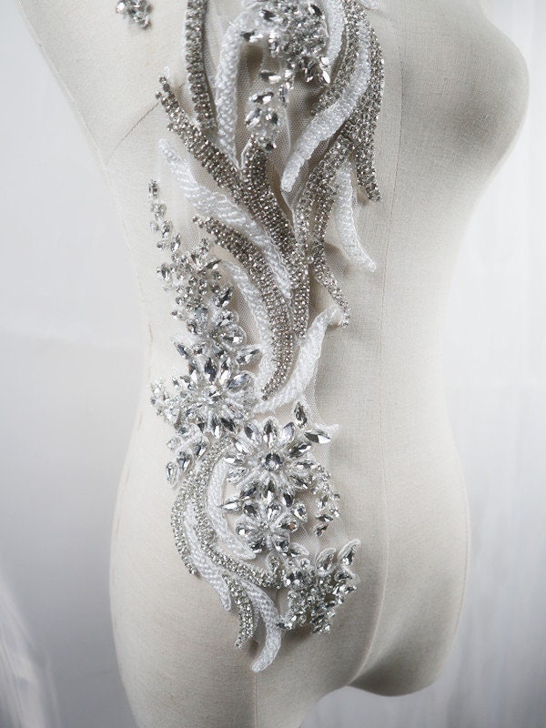 Luxury white & silver rhinestone applique 3D beaded shoulder | Etsy