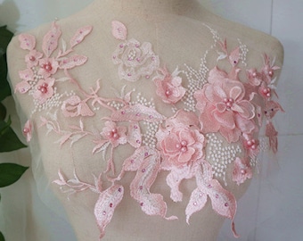 light pink 3D flowers lace applique, 3D floral Embroidered Bridal Applique for Dance Costumes , Bridal Gown Hem Accessories