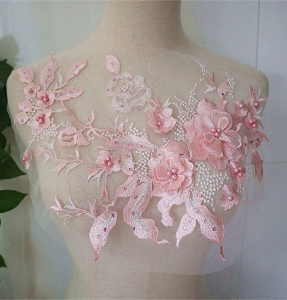 2 colors 3D Blue Pink Feather Pearl Beaded Flower Lace Applique Embellished Lace Patch for wedding dance costumes bridal hair accessories