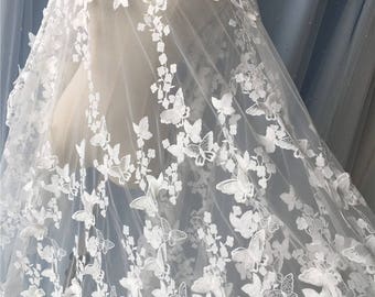 3D floral butterfly Lace fabric by the yard, off white 3D butterflies appliques lace fabric for wedding sewing accessories