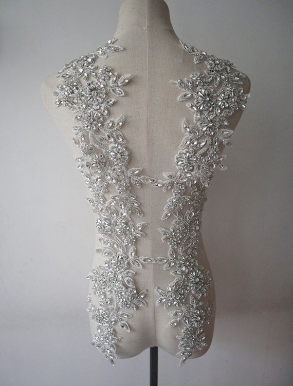 Super Bling Heavy Beaded Rhinestone Applique, Silver  display picture 1