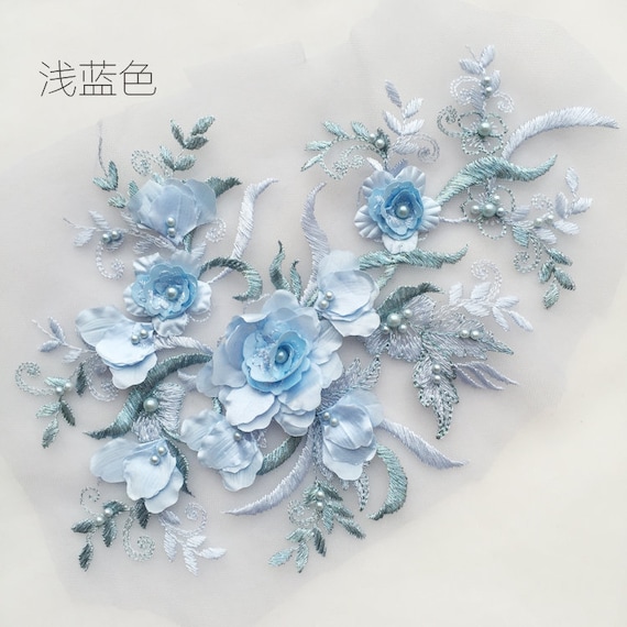 Light Blue 3D Flowers Lace Appliques Bridal Lace Appliques With