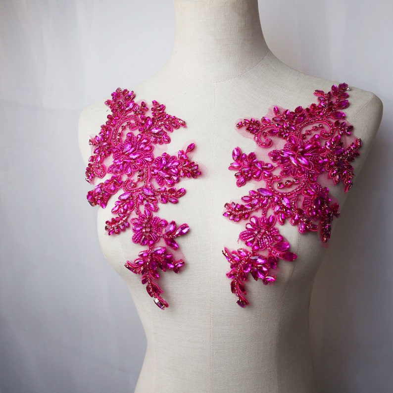 Pink Handcraft Hot Pink Silver Black Brown Rhinestone Appliques, Beaded Lace Patches ...