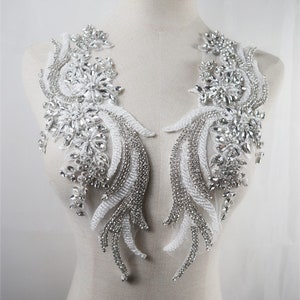 Luxury white & silver rhinestone applique, 3D beaded shoulder collar bodice pair appliques handcraft Bridal Sash headpieces Accessories