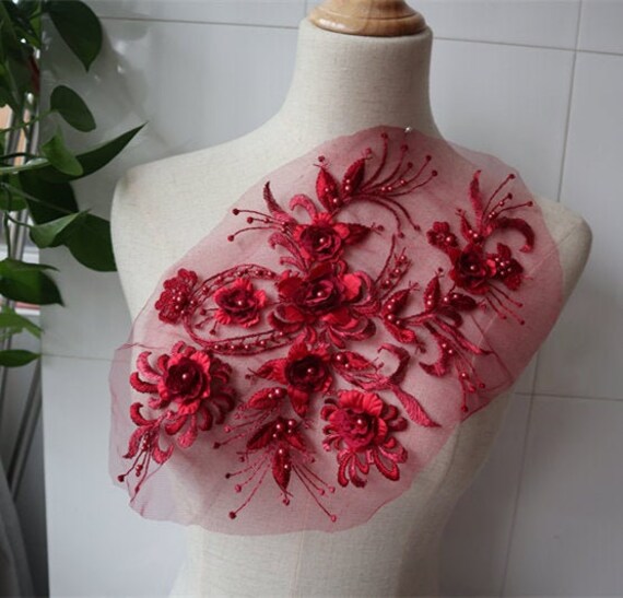 Dark Red 3D Flowers Lace Appliques Bridal Lace Appliques With - Etsy