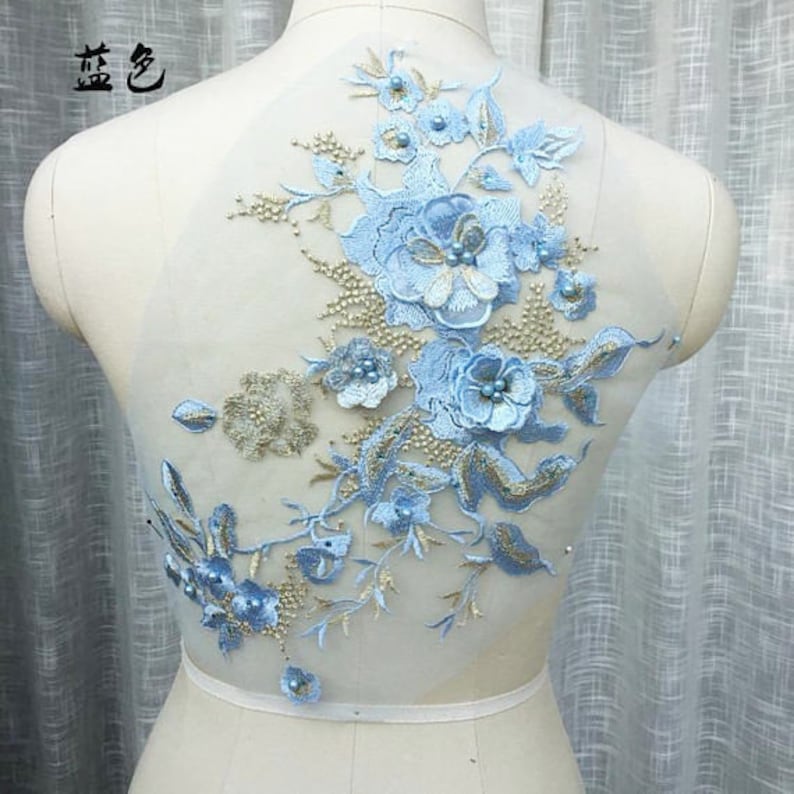 2 colors 3D Blue Pink Feather Pearl Beaded Flower Lace Applique Embellished Lace Patch for wedding dance costumes bridal hair accessories